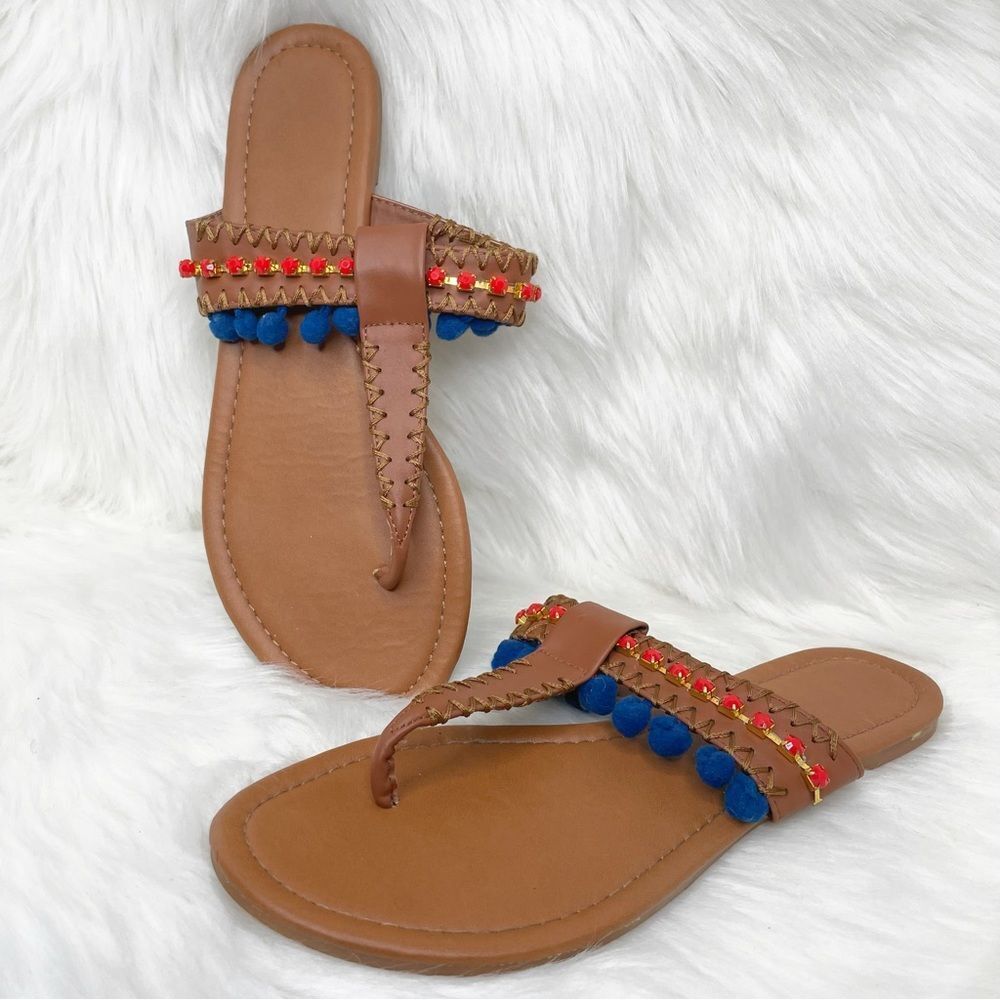 Light Brown Faux Leather T-Strap Pom Pom Boho Sandal Size 7